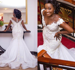 Jessy Crystals Mermaid Wedding Dresses with Capped Sleeves-FrenzyAfricanFashion.com