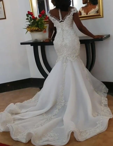 Image of Jessy Crystals Mermaid Wedding Dresses with Capped Sleeves-FrenzyAfricanFashion.com