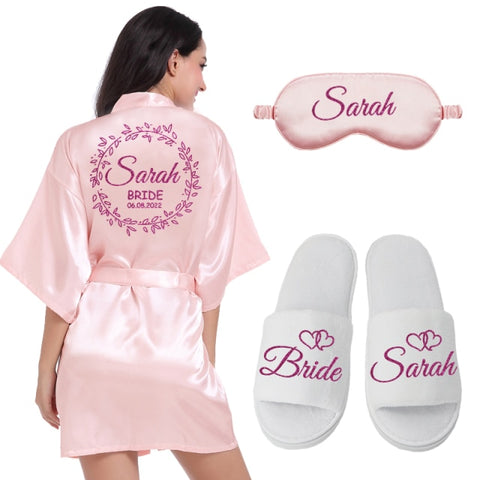 Image of Customized Logo Wedding Date Name Bathrobe Faux Silk Bridal Robe Bride Bridesmaid Wedding Robes-FrenzyAfricanFashion.com