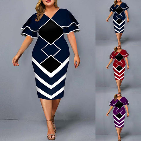 Image of Women Bodycon A line Dress Geometric Print Layered Flare Sleeve-FrenzyAfricanFashion.com