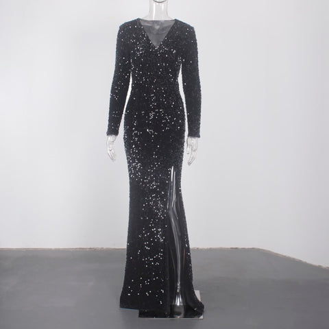 Image of Black Sequined Velvet Evening Party Gown-FrenzyAfricanFashion.com