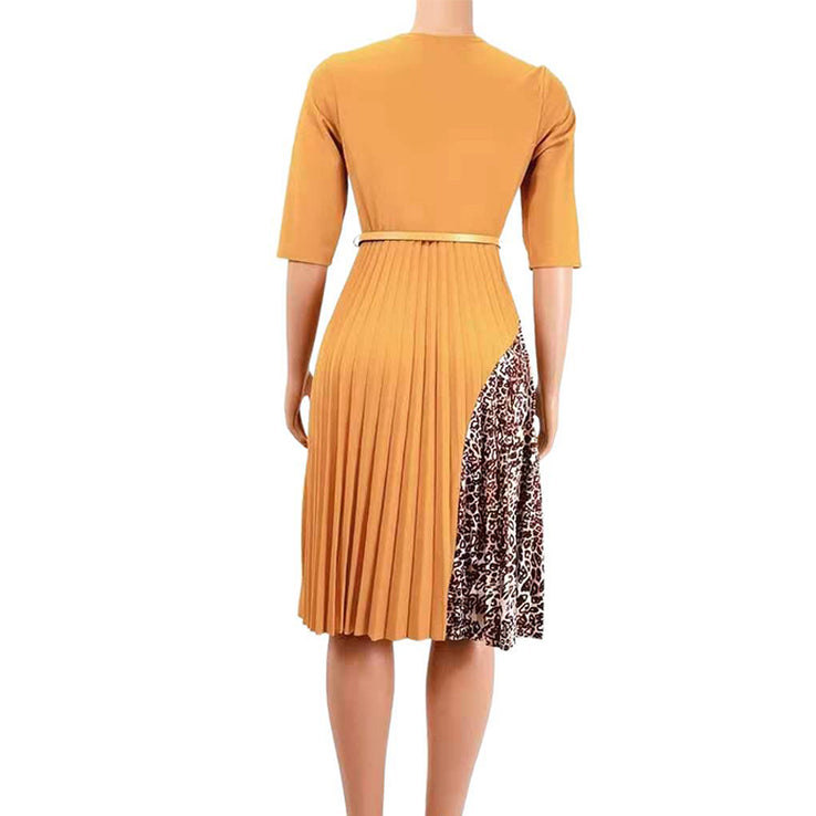 Leopard Print Midi Dress Women O Neck Half Sleeve A-Line Pleated-FrenzyAfricanFashion.com