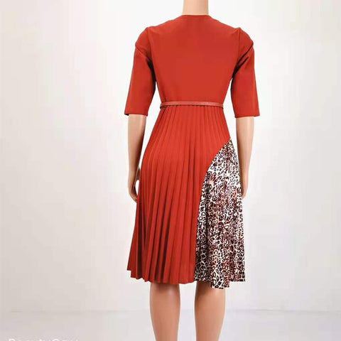 Image of Leopard Print Midi Dress Women O Neck Half Sleeve A-Line Pleated-FrenzyAfricanFashion.com