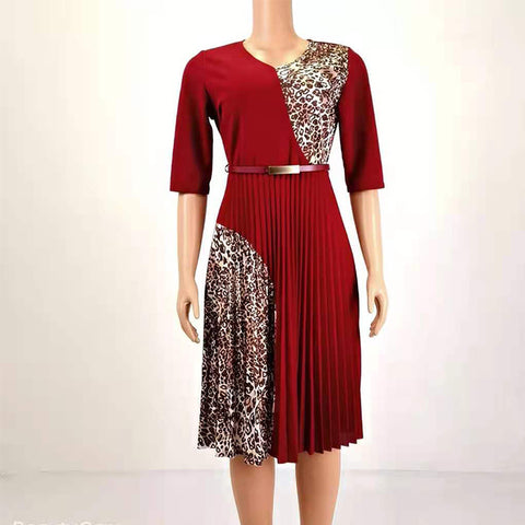 Image of Leopard Print Midi Dress Women O Neck Half Sleeve A-Line Pleated-FrenzyAfricanFashion.com