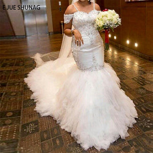 Lynda Mermaid Luxury Wedding Dress Beaded Lace up back-FrenzyAfricanFashion.com
