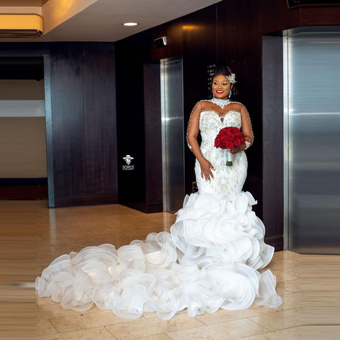 Image of Plus Size Wedding Gowns Long Train Ruffles-FrenzyAfricanFashion.com