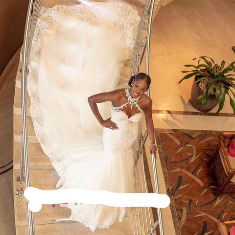 Image of Linzy Lace Beaded Mermaid Trumpet Halter Neck wedding dress-FrenzyAfricanFashion.com
