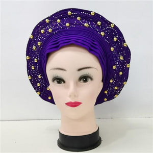 Nigerian Auto Gele headtie turban head wrap with Gold Stud-FrenzyAfricanFashion.com