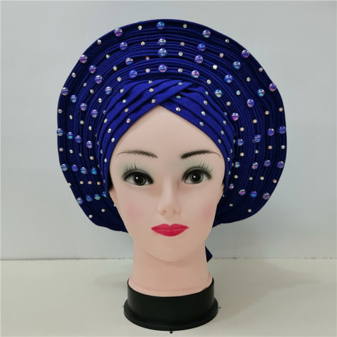 Image of African Headband Auto Gele headtie turban head wrap with pearls-FrenzyAfricanFashion.com