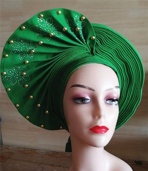 Auto gele Headwrap African headtie with beads stones turban-FrenzyAfricanFashion.com