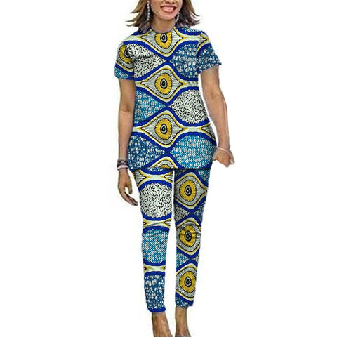 Image of Women African Clothes Short Sleeve Tops Patch Pants Ankara Outfits Festival Occasion Wear-FrenzyAfricanFashion.com