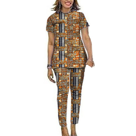 Image of Women African Clothes Short Sleeve Tops Patch Pants Ankara Outfits Festival Occasion Wear-FrenzyAfricanFashion.com
