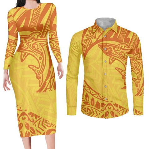 Image of Couples Yellow Matching Apparel Bodycon Dress and Shirt Engagement Outfits-FrenzyAfricanFashion.com