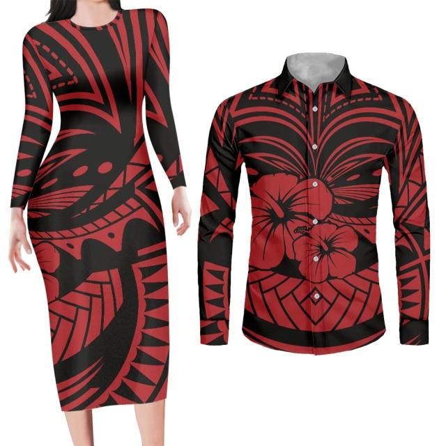Red Matching Couples Outfit Apparel Bodycon Dress and Shirt Engagement Outfits-FrenzyAfricanFashion.com