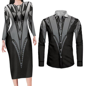 Matching Dress and Shirt Geometric Print Perfect Couple Engagement Outfit For Photos