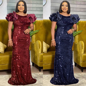 Sequin Dress Ruffle Short Sleeve Evening Party Long Dress