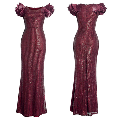 Image of Sequin Dress Ruffle Short Sleeve Evening Party Long Dress-FrenzyAfricanFashion.com