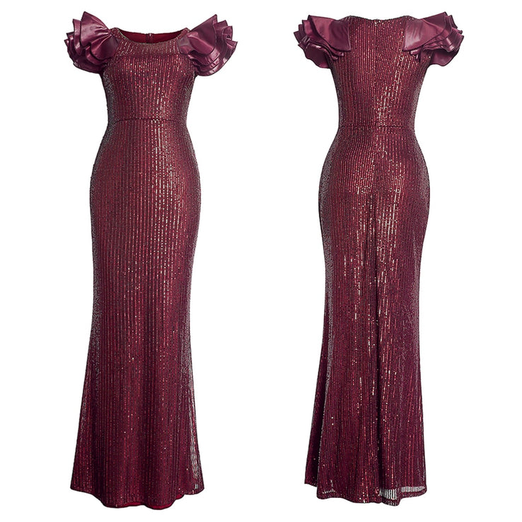 Sequin Dress Ruffle Short Sleeve Evening Party Long Dress-FrenzyAfricanFashion.com