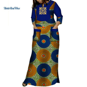 Dashiki African Dresses Women Bazin Riche Applique Print Long Dresses with 2 Pockets Traditional African Clothing-FrenzyAfricanFashion.com