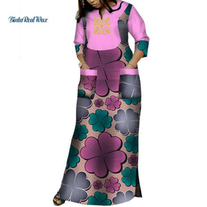 Dashiki African Dresses Women Bazin Riche Applique Print Long Dresses with 2 Pockets Traditional African Clothing