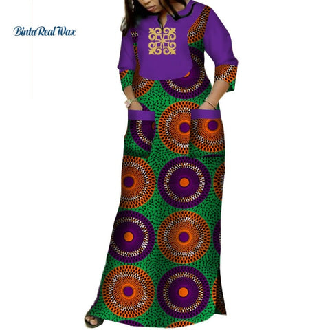 Image of Dashiki African Dresses Women Bazin Riche Applique Print Long Dresses with 2 Pockets Traditional African Clothing-FrenzyAfricanFashion.com