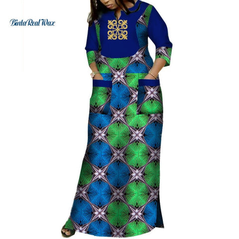 Image of Dashiki African Dresses Women Bazin Riche Applique Print Long Dresses with 2 Pockets Traditional African Clothing-FrenzyAfricanFashion.com