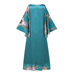 Women Flare Sleeve Vintage Printed Maxi Dress Loose Sundress