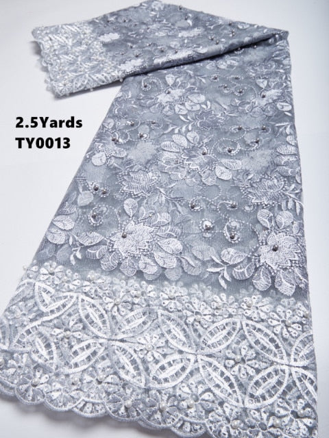 Lace Per Yard (2.5) Embroidery Tulle Lace Beaded Rhinestones African French Lace Fabric-FrenzyAfricanFashion.com