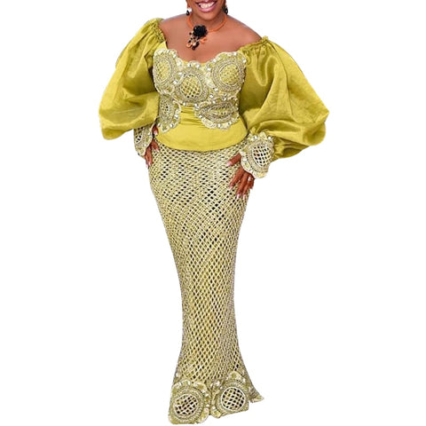 Image of Big Puff Sleeve Bodycon Mermaid Maxi Lace Long Dress-FrenzyAfricanFashion.com