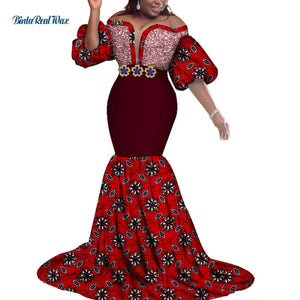African Print Dresses Women Bazin Long Mermaid Evening Dress Dashiki Clothing