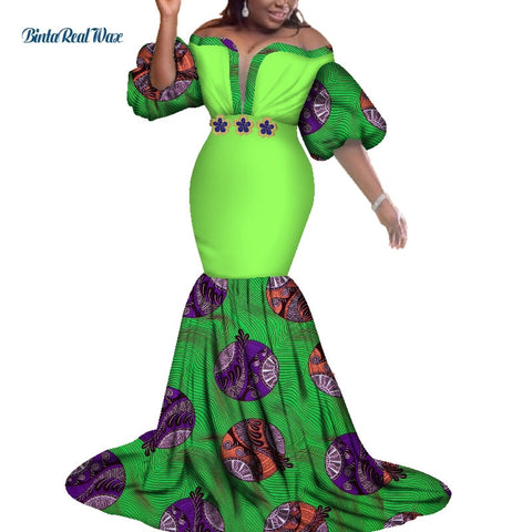Image of African Print Dresses Women Bazin Long Mermaid Evening Dress Dashiki Clothing-FrenzyAfricanFashion.com