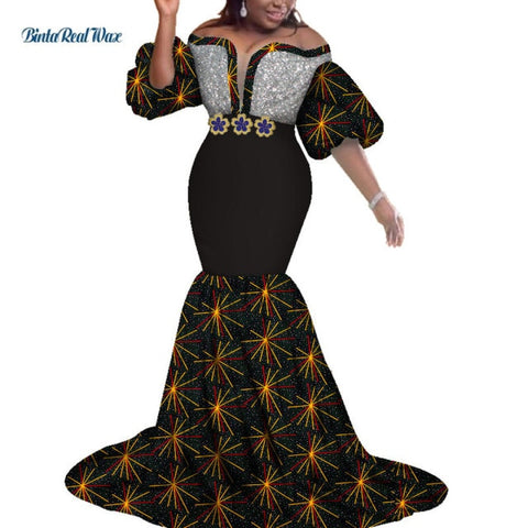 Image of African Print Dresses Women Bazin Long Mermaid Evening Dress Dashiki Clothing-FrenzyAfricanFashion.com