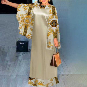 Women Flare Sleeve Vintage Printed Maxi Dress Loose Sundress-FrenzyAfricanFashion.com