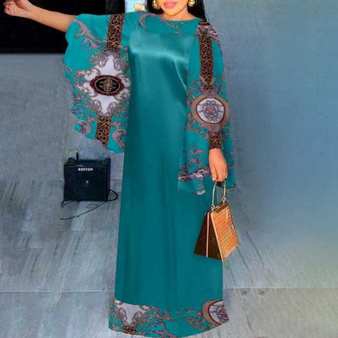 Image of Women Flare Sleeve Vintage Printed Maxi Dress Loose Sundress-FrenzyAfricanFashion.com