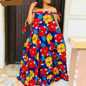 Bohemian Maxi Dress Women Sexy Off Shoulder Vintage Floral Printed Pleated Long Sleeveless Summer Party-FrenzyAfricanFashion.com