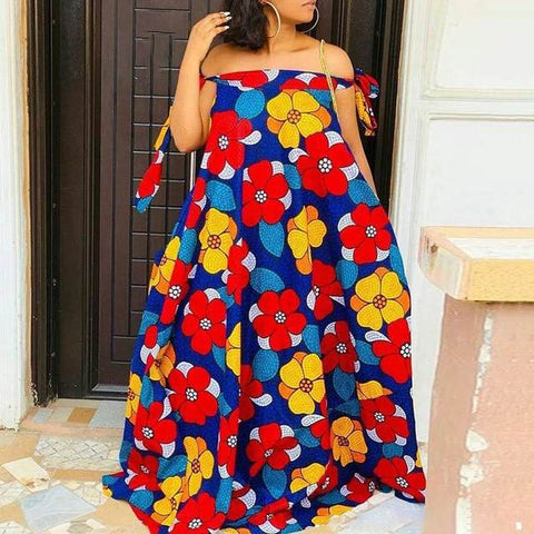 Image of Bohemian Maxi Dress Women Sexy Off Shoulder Vintage Floral Printed Pleated Long Sleeveless Summer Party-FrenzyAfricanFashion.com
