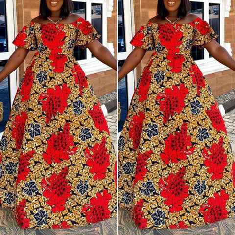 Image of Red African Print Empire Waist Women Summer Flare Sleeve Sundress-FrenzyAfricanFashion.com