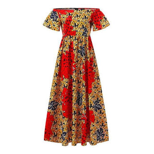 Red African Print Empire Waist Women Summer Flare Sleeve Sundress-FrenzyAfricanFashion.com