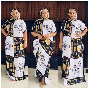 Fashion classic African clothing silk women printed loose dress with scarf-FrenzyAfricanFashion.com