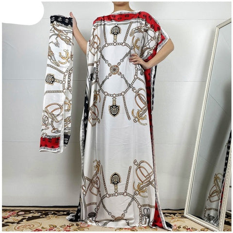 Image of Fashion classic African clothing silk women printed loose dress with scarf-FrenzyAfricanFashion.com