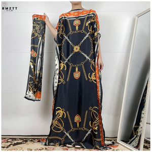 Fashion classic African clothing silk women printed loose dress with scarf
