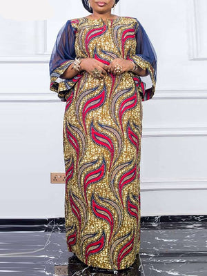 Elegant Kaftan Dress Women Dress Half Sleeve O Neck Floral Printed Maxi Party Dress-FrenzyAfricanFashion.com