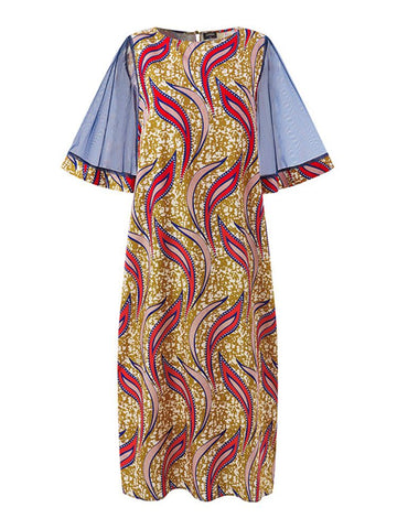 Image of Elegant Kaftan Dress Women Dress Half Sleeve O Neck Floral Printed Maxi Party Dress-FrenzyAfricanFashion.com