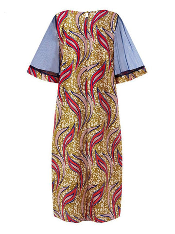 Image of Elegant Kaftan Dress Women Dress Half Sleeve O Neck Floral Printed Maxi Party Dress-FrenzyAfricanFashion.com
