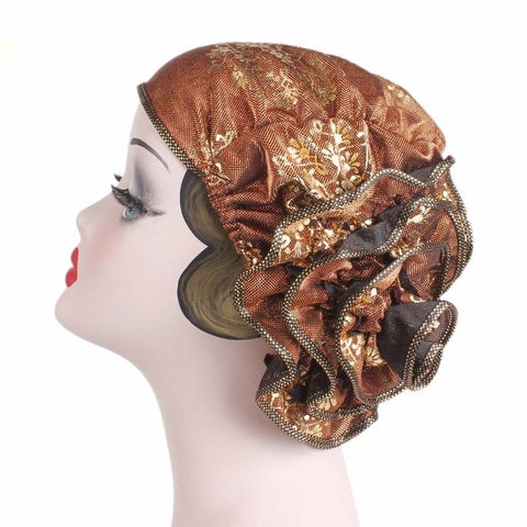 Image of Emmy Fashion Women Floral Print Metallic Cap Turban Head Wrap-FrenzyAfricanFashion.com