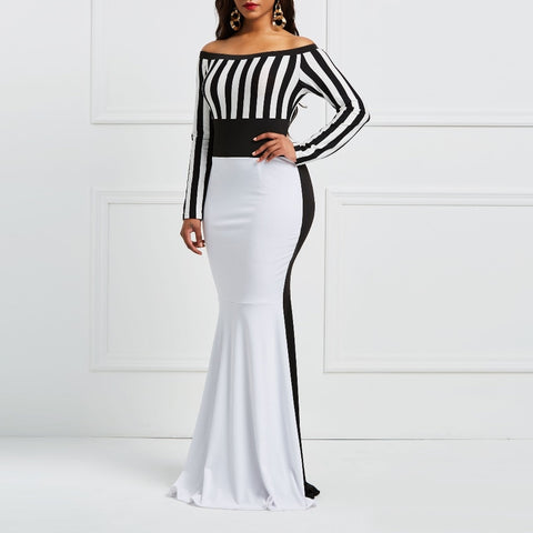 Image of Elegant Sheath Women Off Shoulder Long Sleeve Black Stripes White Bodycon Maxi Mermaid Party Dress-FrenzyAfricanFashion.com