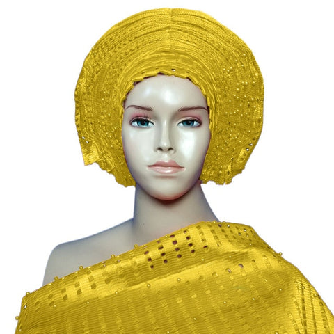 Image of Gailis 2PCS Beaded Ready to Wear Gele Headtie With Shoulder Shawl-FrenzyAfricanFashion.com