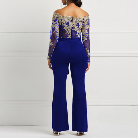 Image of Women Jumpsuit Luxury Illusion Lace Patchwork Transparent Off Shoulder Rompers-FrenzyAfricanFashion.com
