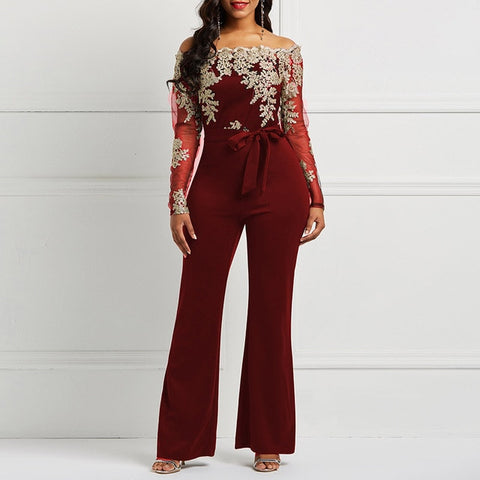 Image of Women Jumpsuit Luxury Illusion Lace Patchwork Transparent Off Shoulder Rompers-FrenzyAfricanFashion.com