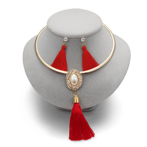 Levina Tassel Jewelry Set Women Bridal Pearl Rose Gold Choker Necklace-FrenzyAfricanFashion.com
